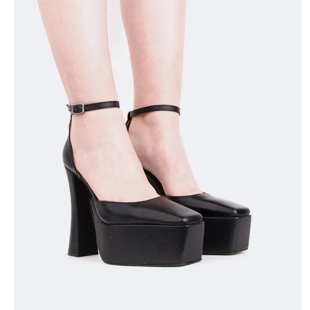 L'INTERVALLE Cabaret Black Leather Platform Shoes Block Heels square toe size 37 - Picture 4 of 13